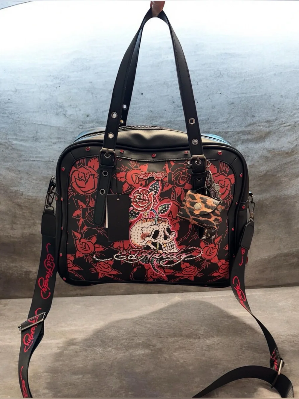 Ed Hardy Black & Red Skull Rose Satchel with Stud Accents